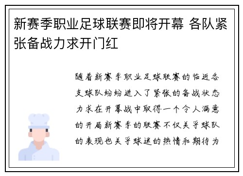 新赛季职业足球联赛即将开幕 各队紧张备战力求开门红